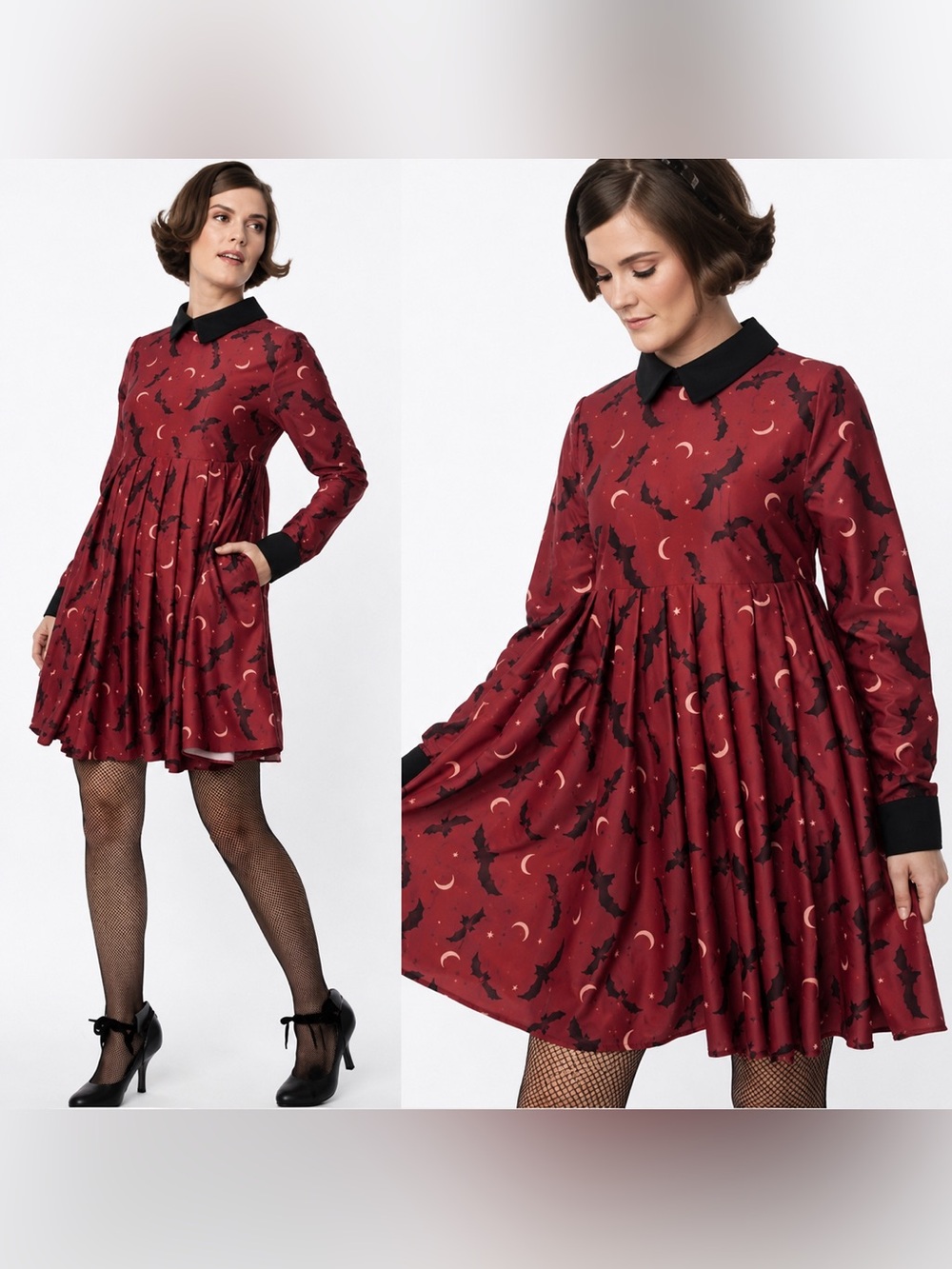 Unique Vintage Burgundy Bat & Moon Peter Pan Collar Mini Dress